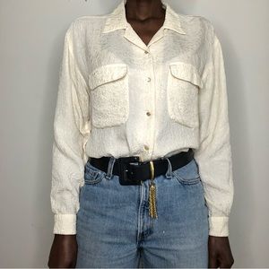 VINTAGE | Cream Textured Silk Front Pocket Blouse